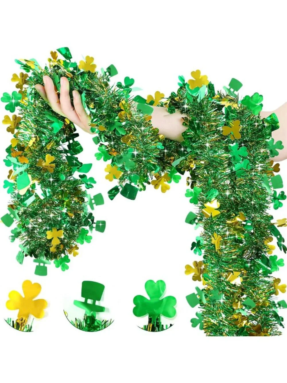 33 FT St. Patrick's Day Garland Decor - Gold & Green Shamrock Tinsel Streamer